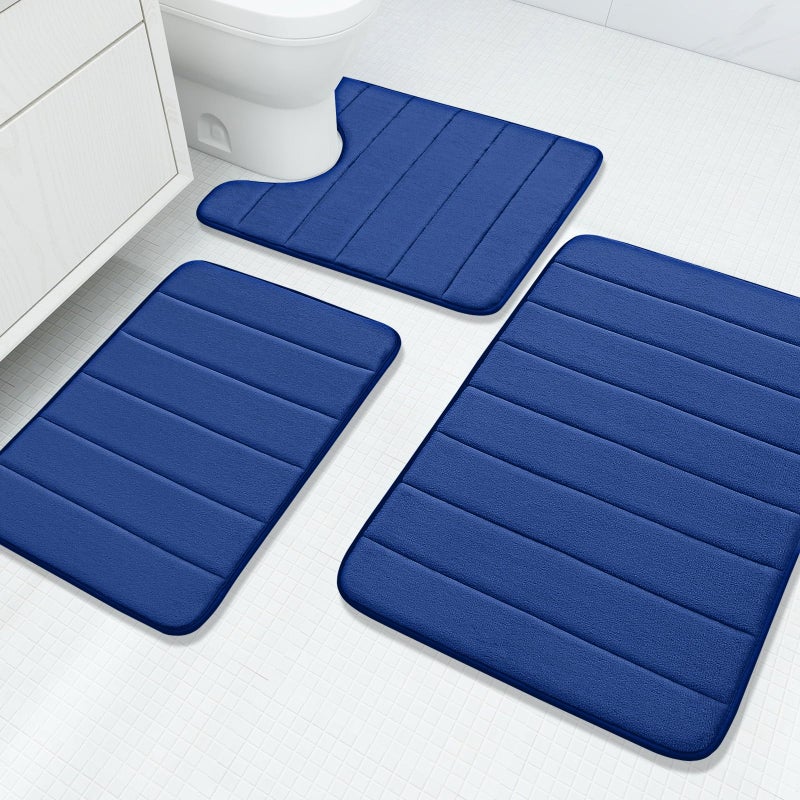 Buganda Memory Foam 3 Pieces Bathroom Rugs Set - Thick Soft Absorbent Non-Slip Bath Mats, Washable Small/Large/Contour Bath Rugs (24" x 16" + 30" x 20" + 24" x 20", Navy Blue) - Image 1
